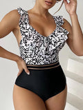 Leopard Ruffle  One Piece Swimsuit Women High Waist Mesh Tape Swimwear Female Beachwear V-neck Bathing Swimming Suit Summer
