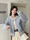 Lace Patchwork Sweet Jacket Women Loose Vintage Preppy Style Cute Coat Female Long Sleeve Korean Retro O Neck Tops Outwear