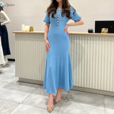 Denim Patchwork Kinitting Fashion Long Dress Tight Single Breasted Chic White Women Dress Versatile Street Summer Spring Vestido