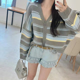 Striped Knit Cardigan Long Sleeve Button Down Boxy-fit Sweater Jacket for Women Teen-girl Korean Fashion Chic Fall Winter Outfit