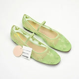 Pbong  Green Embroidered Mesh Ballet Flats for Women Square Toe Elastic Band Slip on Mary Janes Shoes Ladies Casual Soft Summer Loafers
