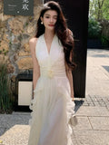 Women Beach Flower Ruffle Halter Dress Summer White Sleevelss Backless Long Princess Party Dresses Female Fashion Holiday Robe
