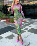 Women Summer Autumn Fashion Long Sleeve Bodycon Streetwear Floral Printed Midi Dress Wholesale Items For Business
