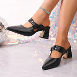 Pbong  Black Pointed Toe High Heel Mules, Wide Bow Knot Backless Sandals, Gold Accent Block Heel Dressy Shoes for Women