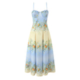 Pbong  Sexy Spaghetti Straps Floral Print Boho Dresses Women Elegant A-line Midi Summer Vacation Dress Robe