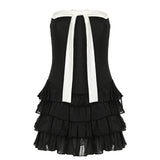 Black Strapless Bow Ruffles Tiered Dress