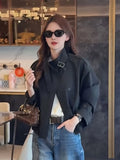 England Stand Collar Jacket Women Loose Long Sleeve Vintage Short Coat Fall Causal Double Breasted Lady Elegant Design Tops