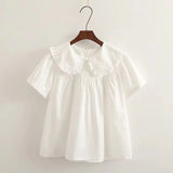 New Autumn Cotton White Shirts Women Student Sweet Tops Girl Peter Pan Collar Plaid Casual Cute Loose Blouses Spring T39132QM