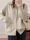 Korean Bow Cardigan Women Lazy Wind Double Zipper Long Sleeve Knitted Jacket Vintage Sweet Casual Preppy Style Tops Coat