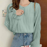 Pbong  Korean All Match Lady Loose Blouses for Women O-neck Flare Sleeve Solid Color Shirts Fashion Pleated Tops