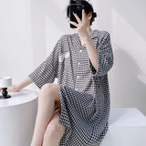 Pbong  Plaid Shirt Skirt Long Nightgown Spring Summer New Women's Sleepwear Homewear Elegant Cardigan Nightdress Lingerie Loungewear