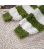 Fuzzy Knit Striped Sweater Pullovers for Women Soft Warm Long Sleeve Crew Neck Crop Knit Top Y2k Teen-girl Autumn Winter Outfit