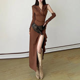 Pbong  Waste Soil Style Irregularly Slimming Hooded Mesh Hot Girl Long Slit Pleated Sleeve Dress for Women