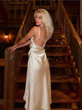 French Vacation Satin Long Dress Fashion Backless Sexy Slip Dress For Women New Light Beige Party Beach Summer Vestidos