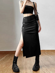 Goth Dark Streetwear Black Y2k Cargo Midi Skirts Grunge Gothic Split Sexy High Waist Skirt For Women Korean Fashion Fall Bottoms