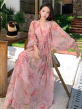 Women Autumn Floral Casual Beach Evening Party Long Dresses V Neck Vintage A-line Dress Korean Fashion Sweet Vestidos Mujer New