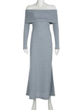 Off-Shoulder Knit Long Dress Women High Waist Slim Elegant Fashion Pleated Maxi Dress Long Sleeve Backless Knitwear Dress