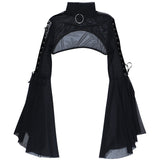Black Mesh T-shirt Gothic Street Lace-up Punk Ring Flared Sleeves Eyelet Pullover Outer Harajuku Vintage Women Top