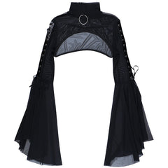 Black Mesh T-shirt Gothic Street Lace-up Punk Ring Flared Sleeves Eyelet Pullover Outer Harajuku Vintage Women Top