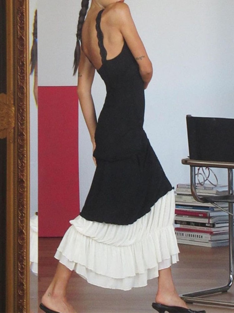 Sexy Backless Maxi Dresses For Women Slim Folds Splice Bodycon Dress Femme Party Elegant Temperament Long Dress Woman New