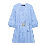 Lantern Sleeve O- Neck Blue Women Dress Cotton Blend Embroidery Hollow Out Summer Dress With Belt Elegant casual Female Clothing