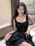 Sexy Slip Lolita Style Black Dress Women Vintage Sleeveless Y2K Mini Dress Summer Slim Sweet Korean Lace Up Cake Dress New