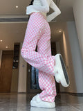 Pbong  Women Pink Plaid Pant High Waist Loose Vintage Korean Wide Leg Trousers Casual Pockets Sweet Female Retro Summer Pants New