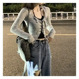 Two Piece Set Lace-up Cardigan with Cami Women's Sexy Slim Y2K Crop Long Sleeve Criss Cross Knit Tops Korean Acubi Outfit