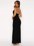 Halter Backless Sexy Maxi Dress Women Gown Summer New Solid U Neck Sleeveless High Waist Long Dress Elegant