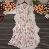 Pbong  Romantic Floral Print Chiffon Maxi Dress Women Sexy V-neck Backless Beach Vestidos Elegant Elastic Waist Party Dress