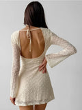 Pbong  Y2k Sexy O Neck Long Sleeve Backless Jacquard Solid Slim Lace-up Short Fashion Dresses