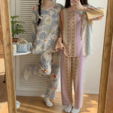 Pbong  Women Two-piece Set Pajamas Set Girls Chinese Style Printing Sleepwear Round Neck Long Sleeved Top Loungewear Casual Homewear