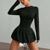Pbong  New Autumn And Winter Women Slim Long-Sleeve Dress Round Neck Puffy Dress Solid Color Black Fashion Elegant Dress