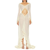 Sexy Women's Babydoll Lingerie Long Sleeve V Neck Chemise Mesh Nightwear Long Gown Frill Trim Sheer Nighty Dress