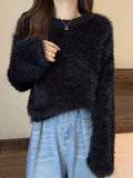 Women's Fuzzy Knitt Top Long Sleeve Mock Neck Fluffy Sweater Pullovers Cozy Plain Jumper Teen-girl Fall Winter Y2K Outfit