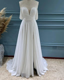 Pbong  Off The Shoulder Wedding Dresses for Bride Long with Slit Chiffon Plunging V Neck A Line Beach Simple Bridal Gowns