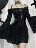 Goth Black Lace Flocking Off-Shoulder Flared Sleeve Party Dresses Y2K Vintage Velvet Patchwork A-Line Mini Dress Women