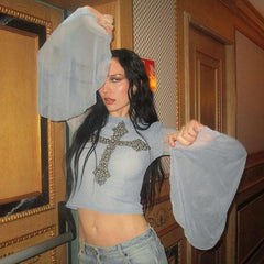 Cross Rivet Mesh Flared Sleeve Crop Top Transparent Cyber Y2k Shirts Fairy Grunge Sexy Long Sleeve Tees