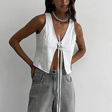 Casual Lace Up Vest Top Female Sexy Cut Out Sleveless Cardigan White Cotton Tanks Summer Fashion Hot Girl Club Party Vest