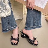 Pbong  French Polka Dot Bow Kitten Heel Mules for Women Summer Open Toe Slide Sandals Elegant Party Dress Slippers