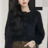 Flower Button Fuzzy Knit Sweater Cardigan Warm Fluffy Button-up Crop Sweater Jacket Knitwear Teen-girl Fall Winter Cute Outfit