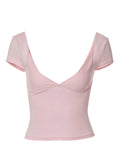 Fairy Coquette Y2K Vintage Skinny T-Shirt Sexy Low Cut V Neck Crop Top Korean Elegant Chic Women Slim Fit Tees Streetwear