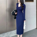 Solid Color Basic Simple Knitting Long Dress New V-neck Slim Fashion Autumn Women's Dress Sexy Chic Tight Female Winter Vestidos
