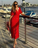 New Red Knitting Long Dress Summer Turn Down Collar Fashion Women Dress Puff Sleeve Single Breasted Elegant Chic Vestido