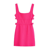 Fashion Bow Hollow Out Sleeveless Square Neck Short Dress Tight Sexy Backless Rosered Summer Dress  New Female Clothing