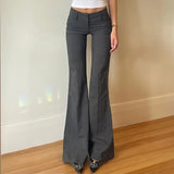 Pbong  Grey Low Waisted Flared Pants Female Y2K High Street Retro Wide Leg Trousers Fashion Slim Pocket Office Lady Suit Pants