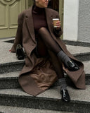 Women Elegant Shoulder Pad Wool Blend Overcoat Brown Lapel Single-breasted Long Sleeve Coat 2025 Autumn Lady Commuter Outerwear