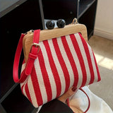 Pbong  Vintage Striped Crossbody Bag, Wooden Frame Kiss Lock Clutch with Adjustable Strap, Retro Casual Shoulder Purse for Women