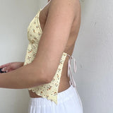 Floral Embroidered V Neck Bustier Crop Tops Y2K Backless Strappy Tie-up Halter Camis Fairy Coquette Ruffle Trim Sleeveless Vest