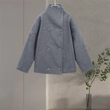 Solid High Neck Double Button Topcoat Dropped Shoulder Loose 2025 Autumn Short Elegant Jacket Women Urban Casual Lady Outerwear